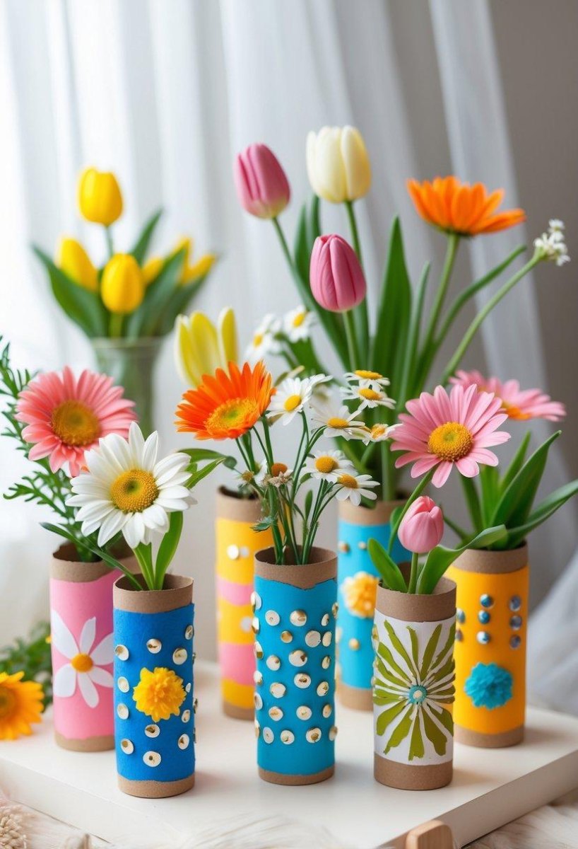 Bunte Vase aus Klopapierrolle