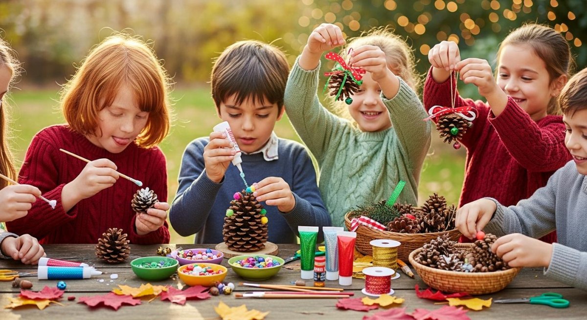 Kinder basteln Weihnachtsdeko Naturmaterialien