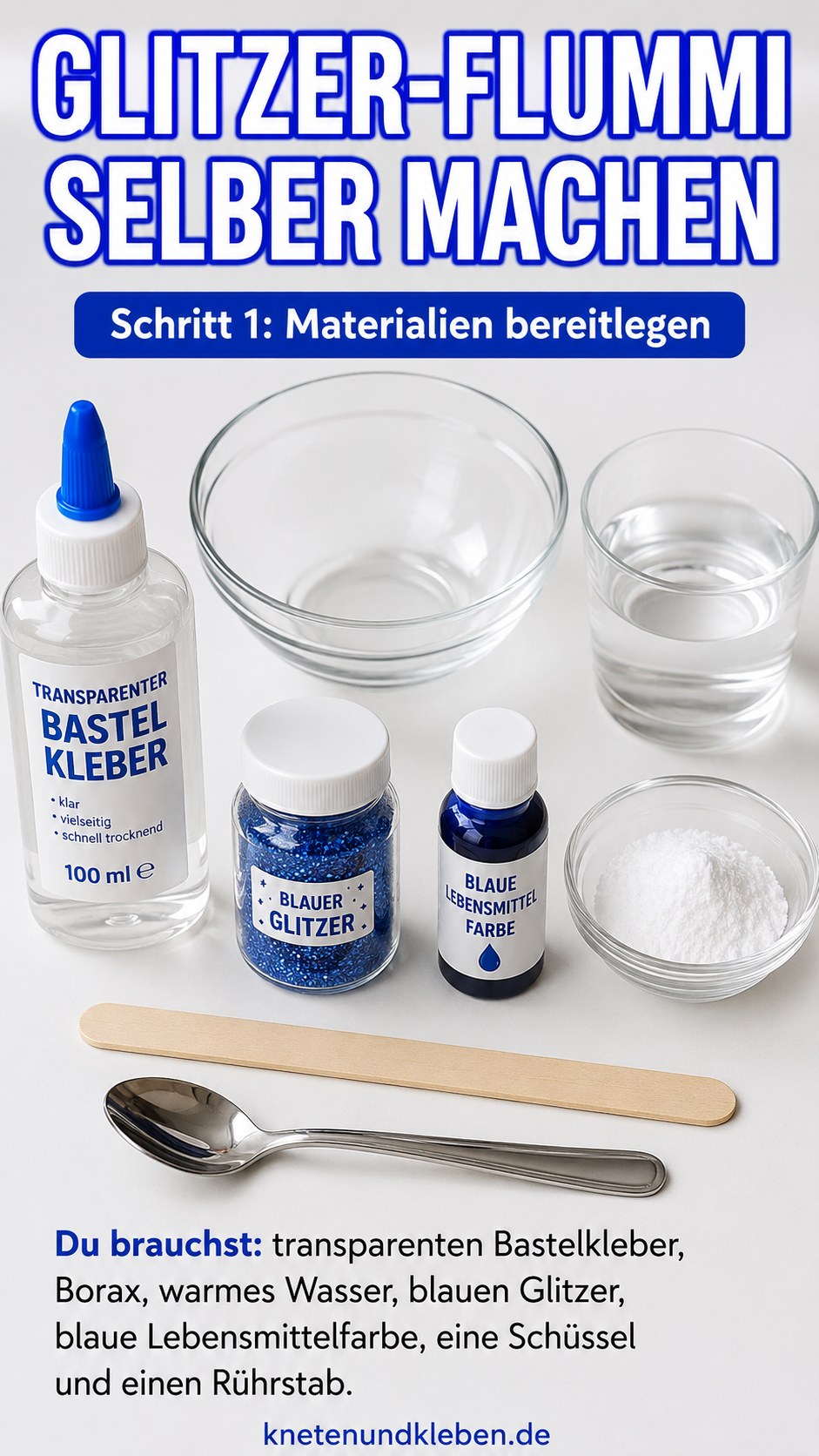 Materialien für Glitzer Bouncy Ball selber machen: Bastelkleber, Borax, Glitzer und Lebensmittelfarbe auf einem Tisch