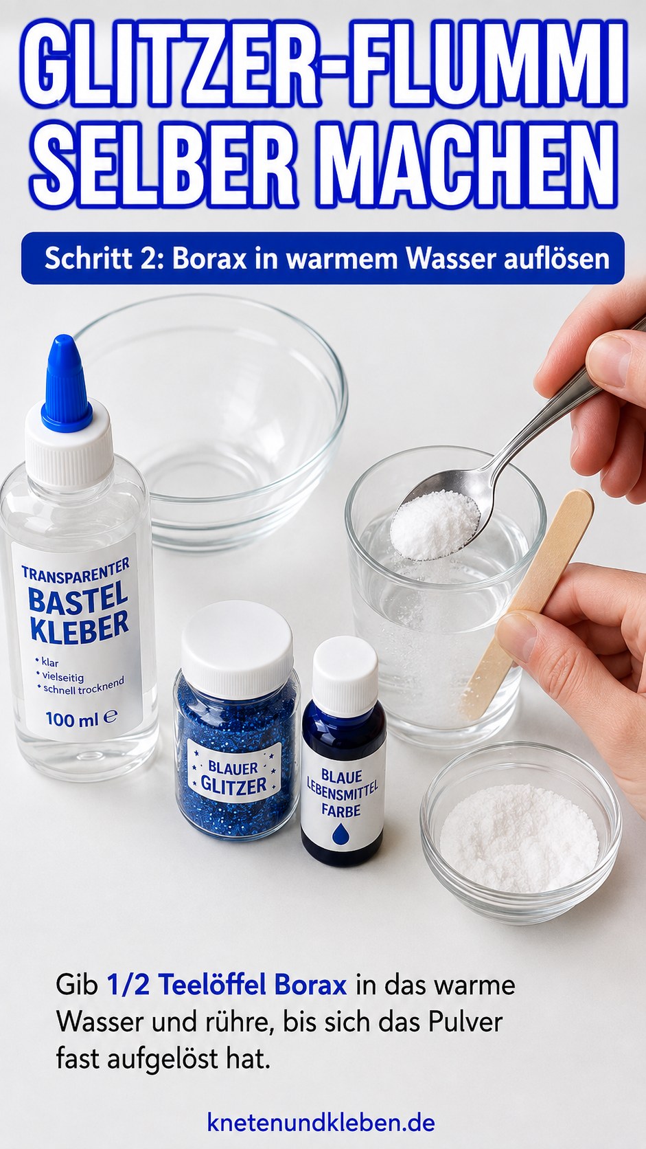 Borax wird für den Glitzer Bouncy Ball in warmem Wasser mit einem Löffel aufgelöst