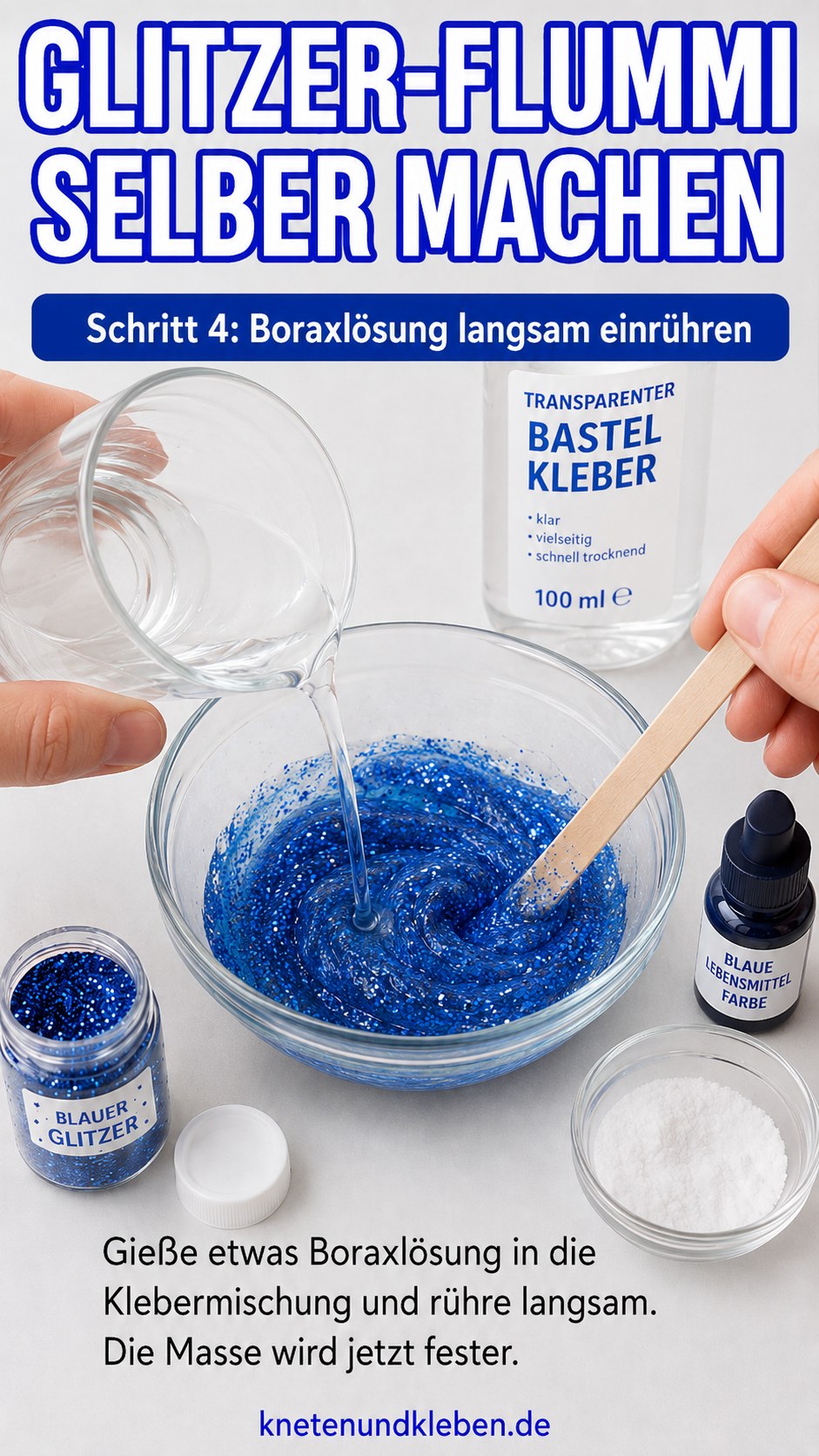 Boraxlösung wird langsam in die Glitzer-Kleber-Mischung für den Glitzer Bouncy Ball eingerührt