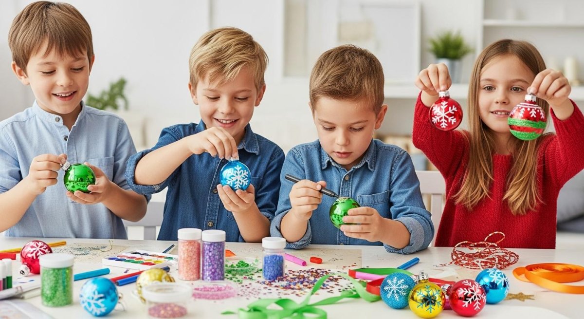 Kinder gestalten glitzernde Weihnachtskugeln