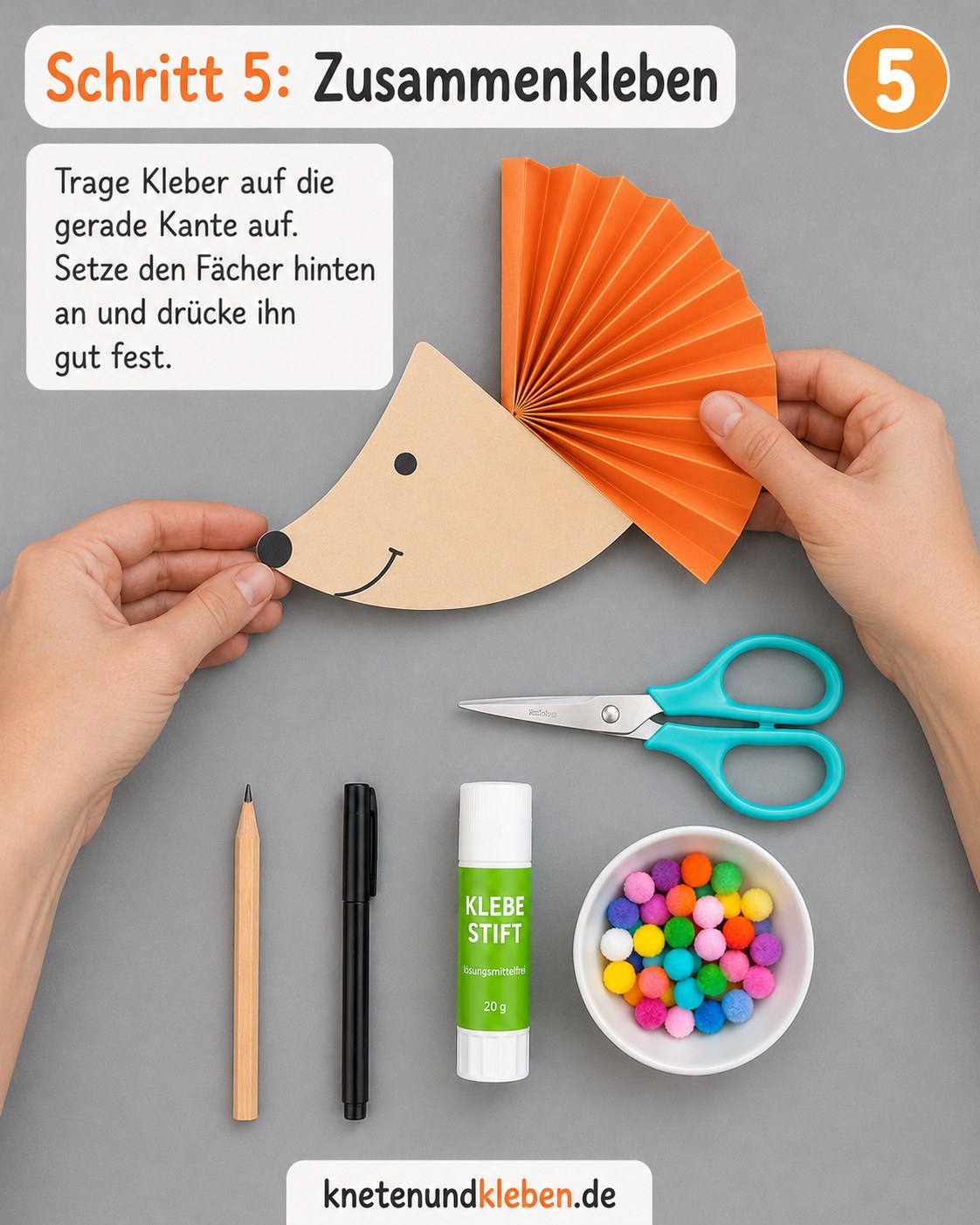 Der fertige Papierfächer wird an die gerade Kante des Igelkopfes geklebt und festgedrückt