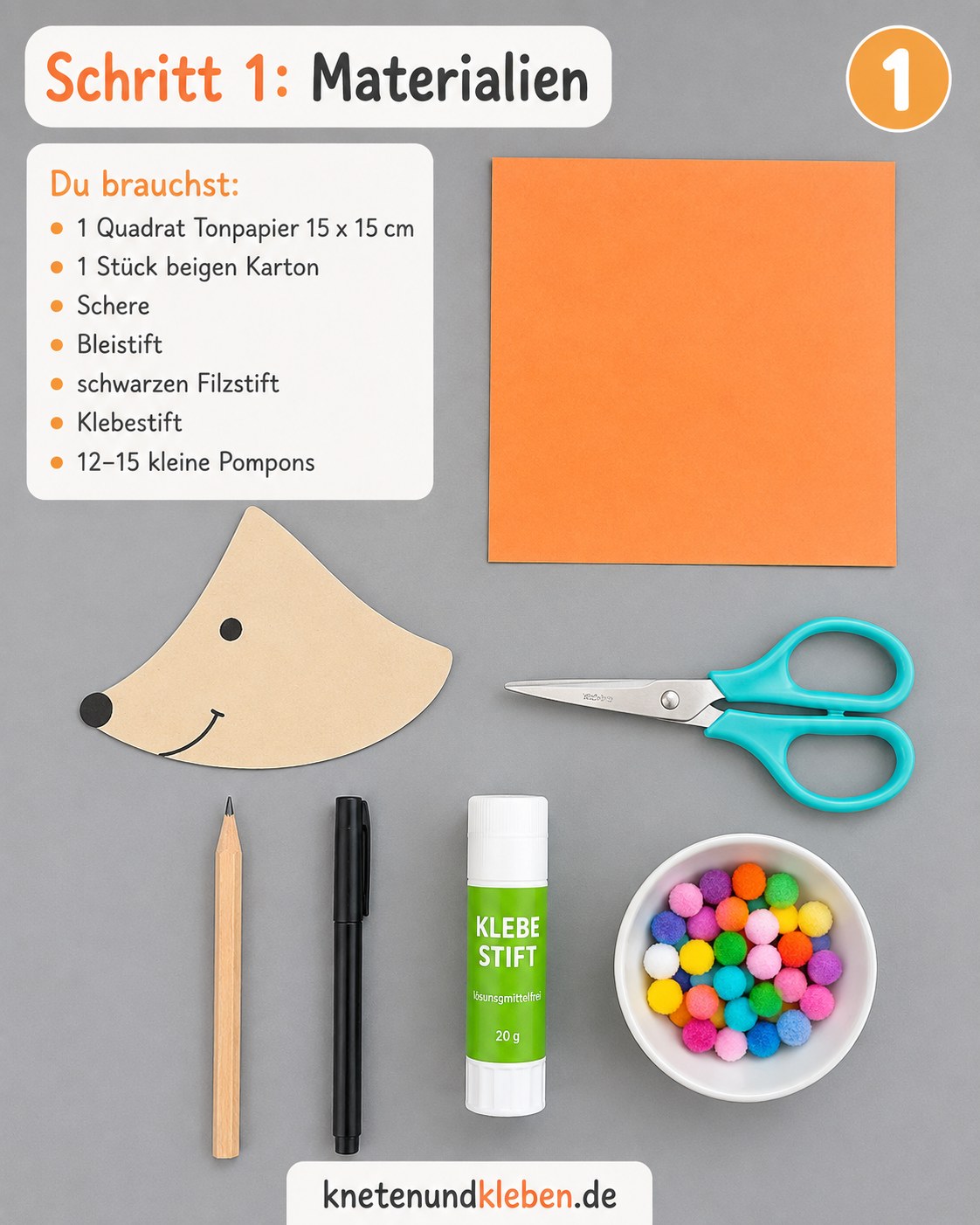Materialien zum Igel aus Fächer basteln: Tonpapier, Karton, Schere, Klebestift und bunte Pompons