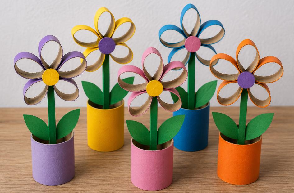 Blumen aus Klopapierrollen gebastelt