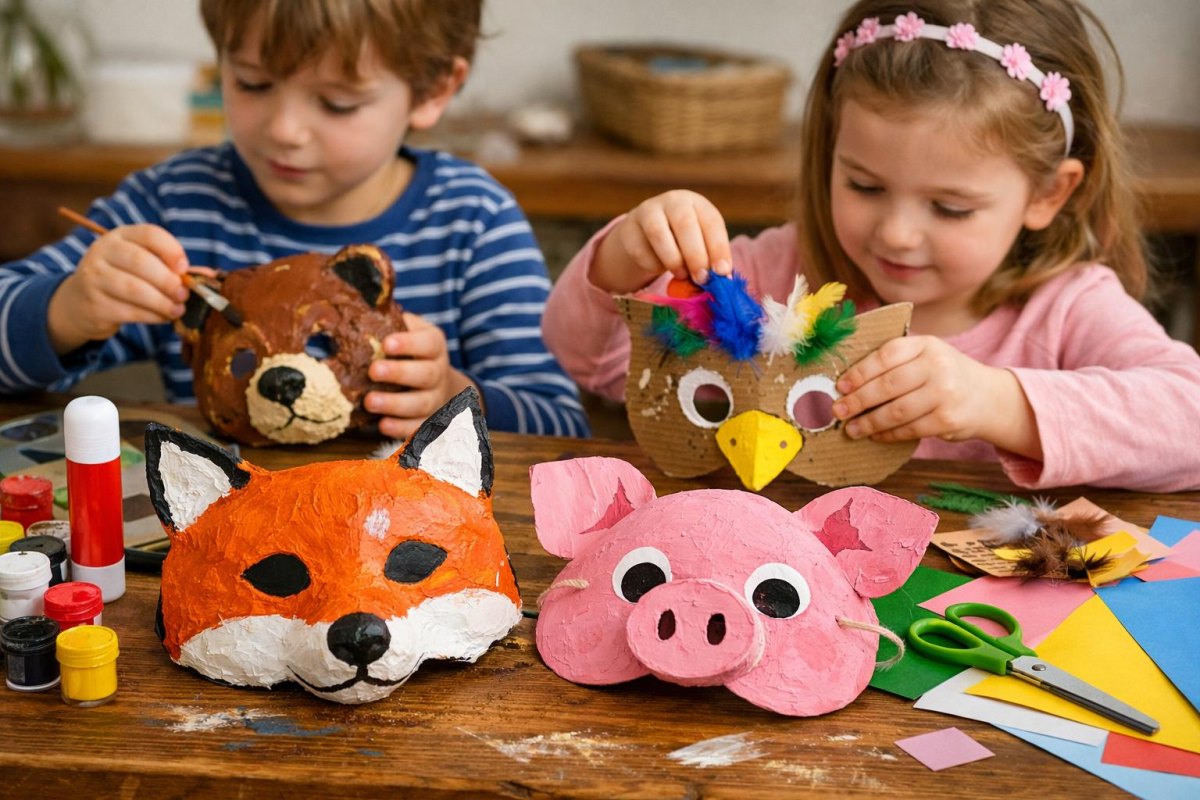 Kinder gestalten Tiermasken