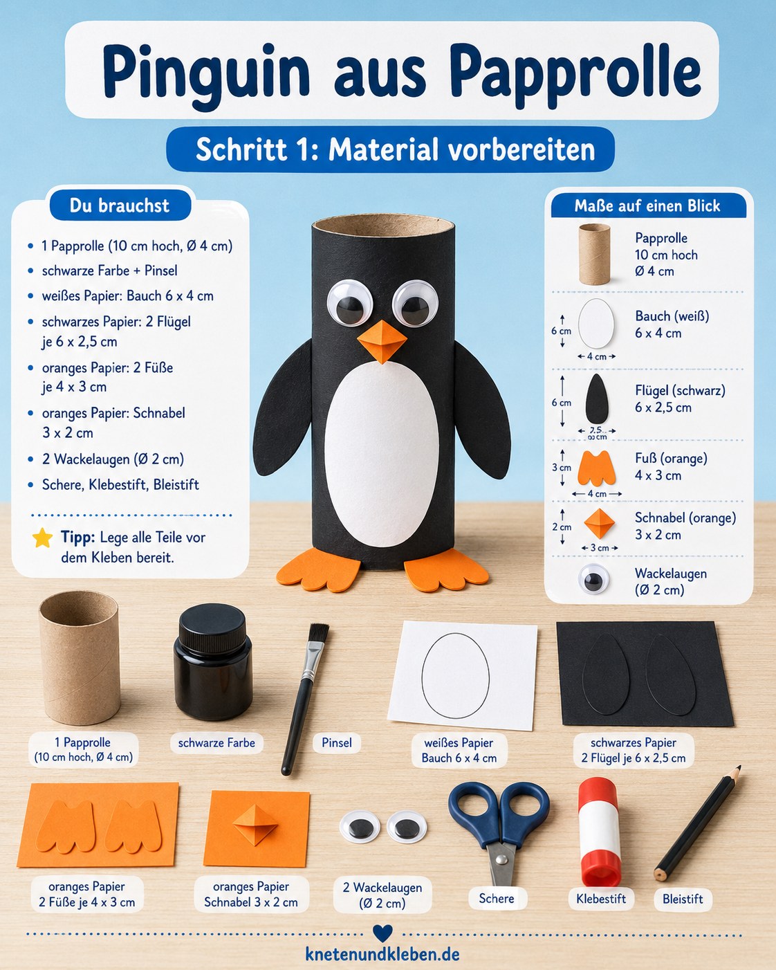 Materialübersicht zum Meerestiere aus Klopapierrollen basteln mit Papprolle, Farbe und Tonpapier