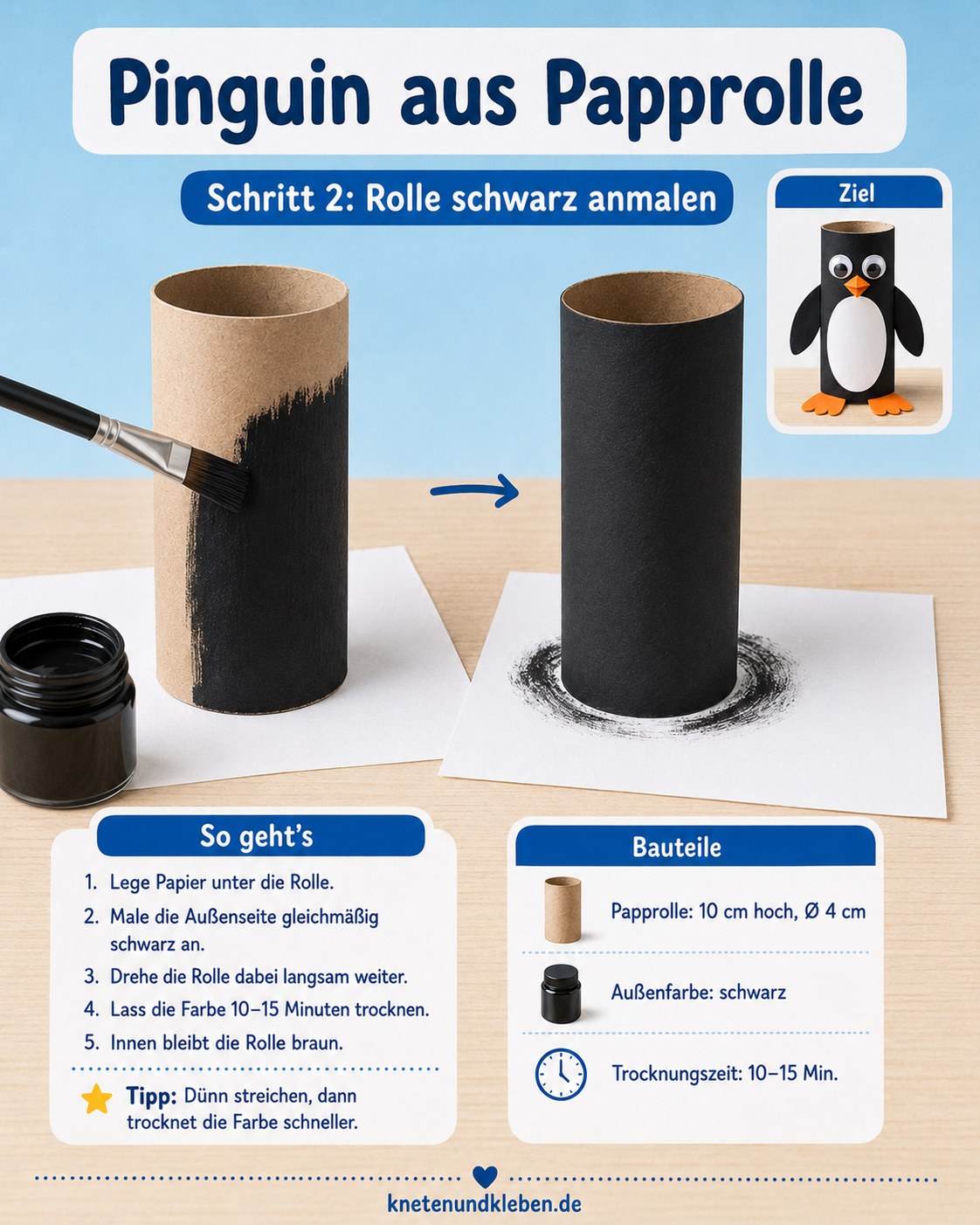 Klopapierrolle wird beim Meerestiere aus Klopapierrollen basteln gleichmäßig schwarz angemalt