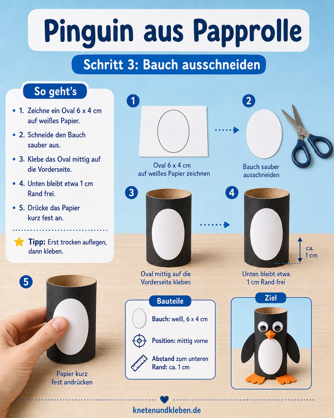 Weißer Bauch aus Tonpapier wird mittig auf die schwarze Papprolle geklebt
