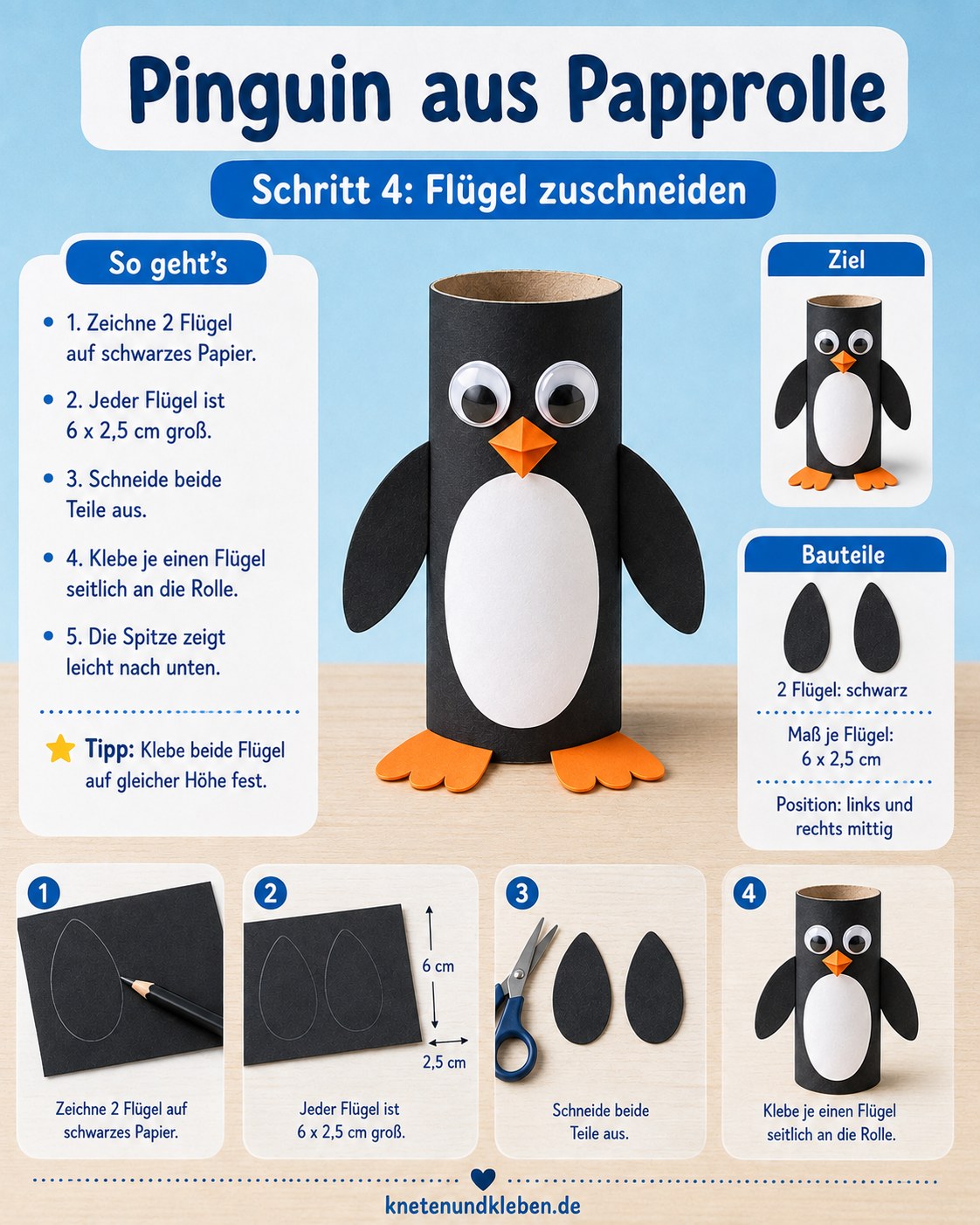 Zwei schwarze Flügel werden seitlich an die bemalte Papprolle geklebt