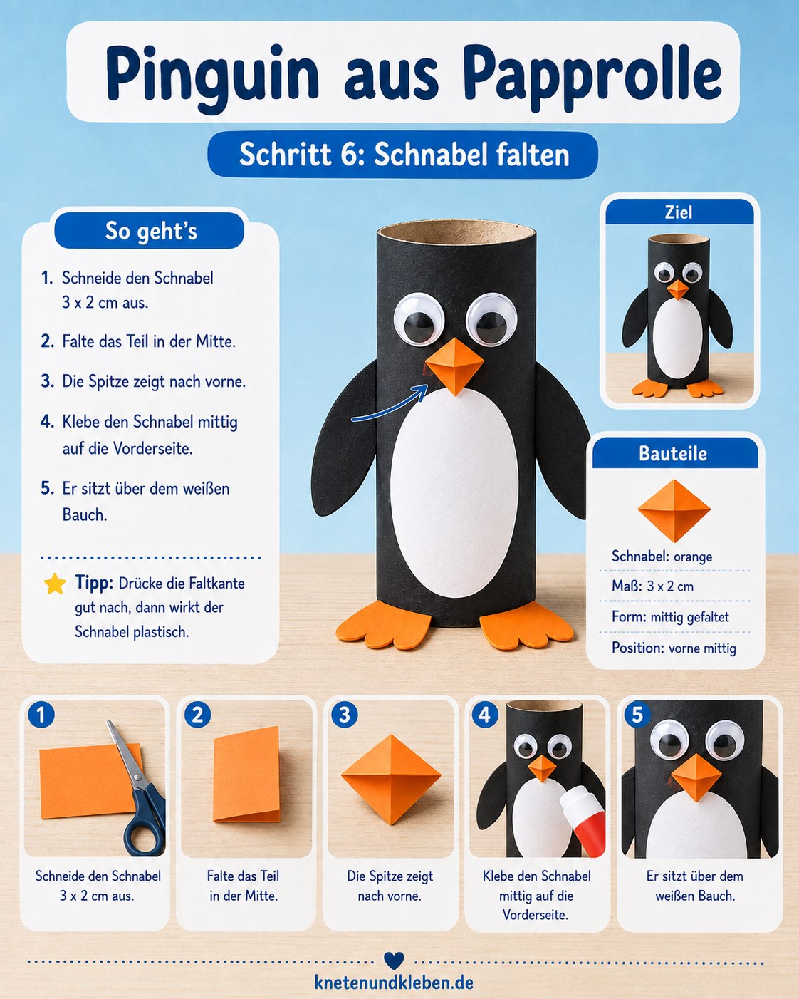Orangener Schnabel wird in der Mitte gefaltet und auf den Bauch geklebt