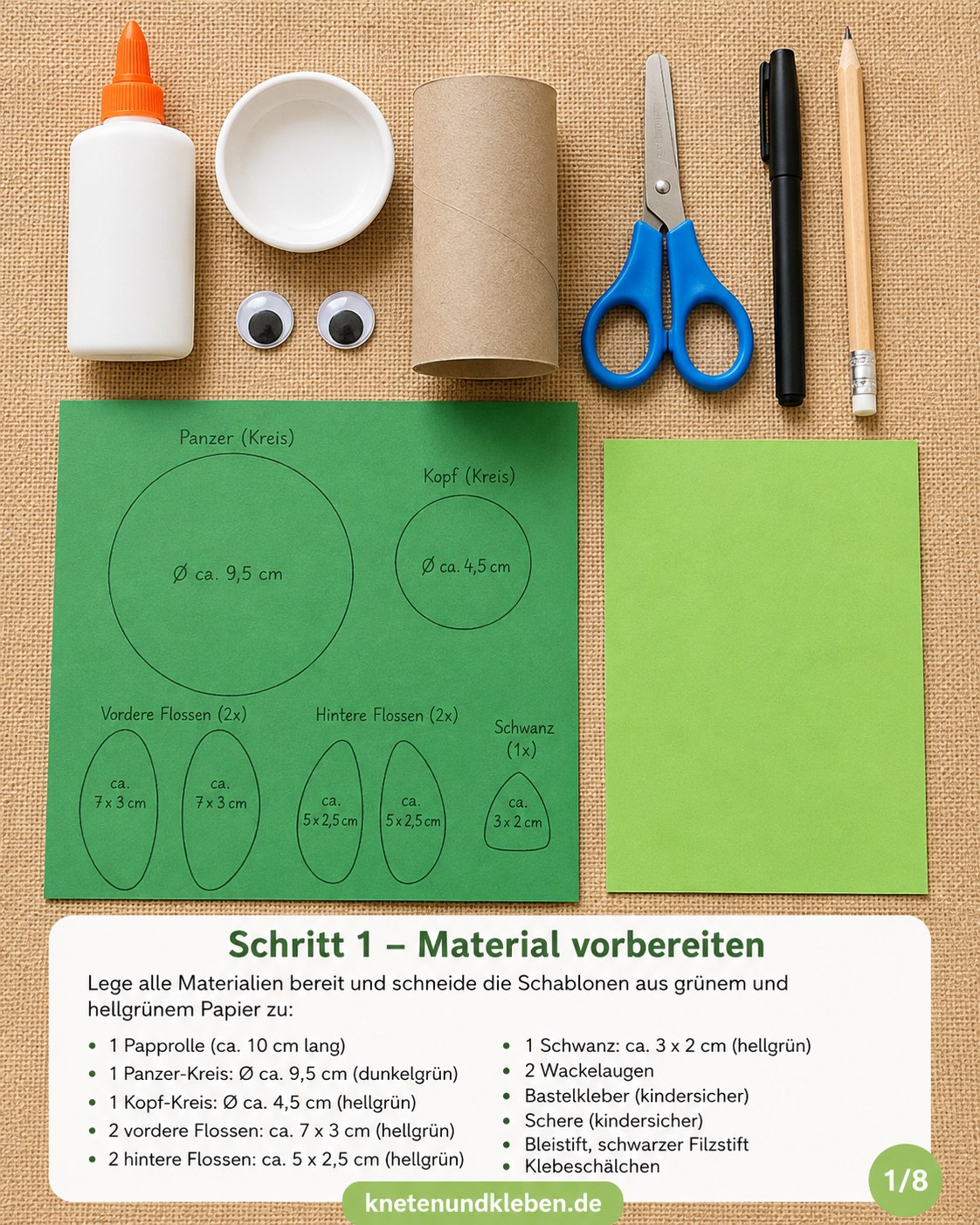 Material zum Meerestiere aus Klorollen basteln liegt bereit: Klorolle, Tonpapier, Schere und Kleber