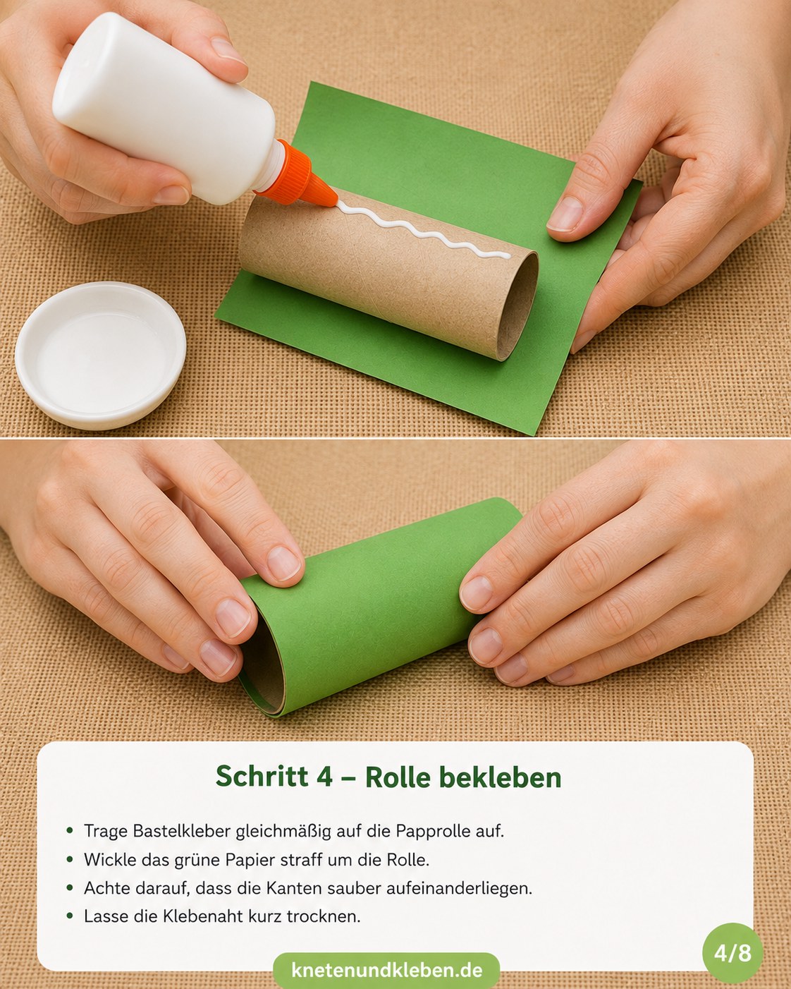 Grünes Tonpapier wird mit Bastelkleber straff um die Klopapierrolle gewickelt