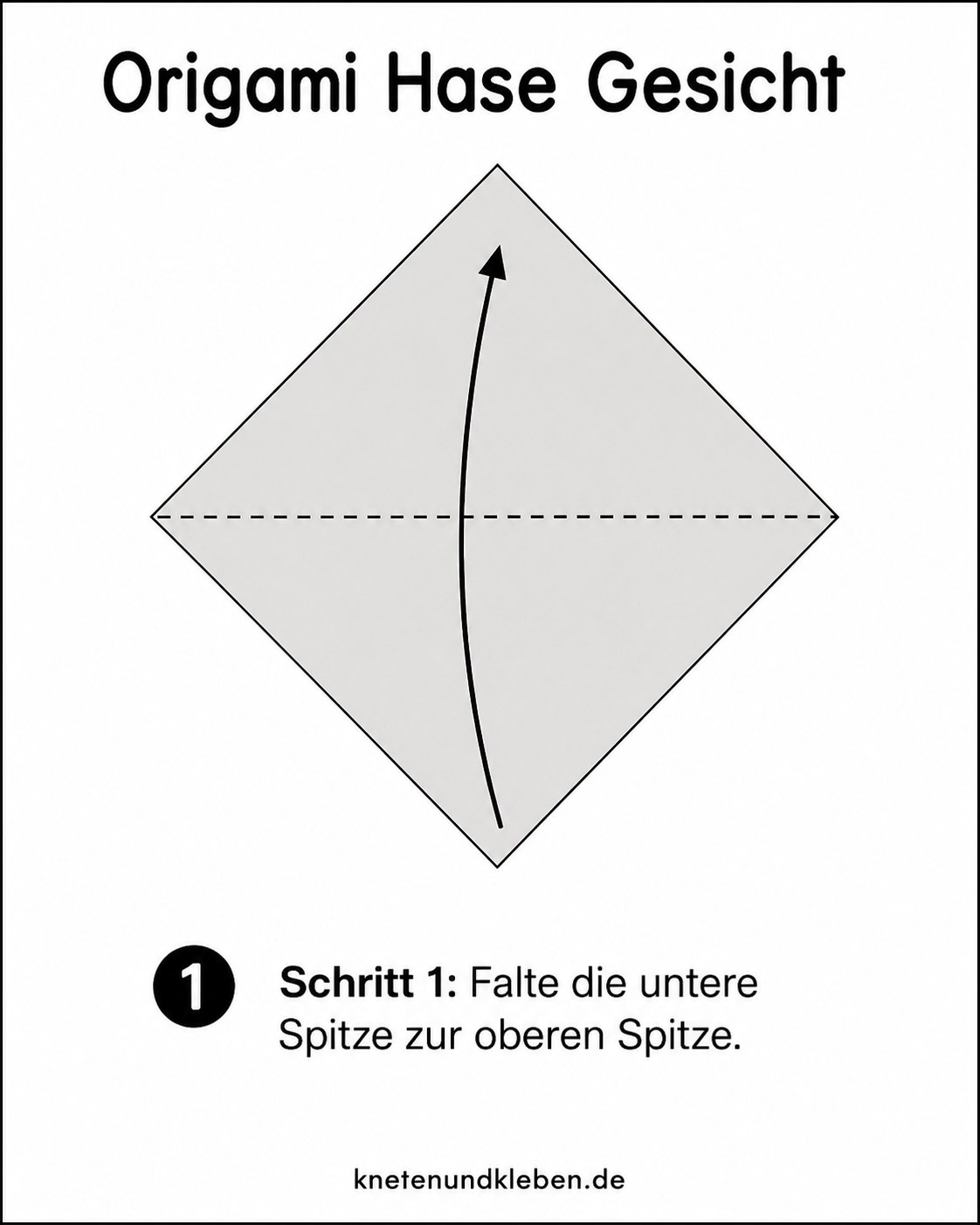 Origami Hase Gesicht falten: erster Schritt zeigt das Falten der unteren Spitze zur oberen Spitze