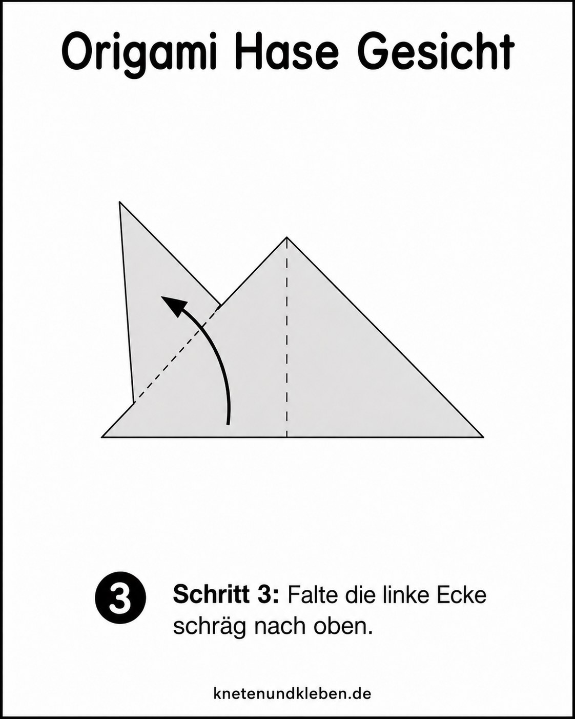 Origami Hase Gesicht falten: die linke Ecke wird schräg nach oben gefaltet für das erste Ohr