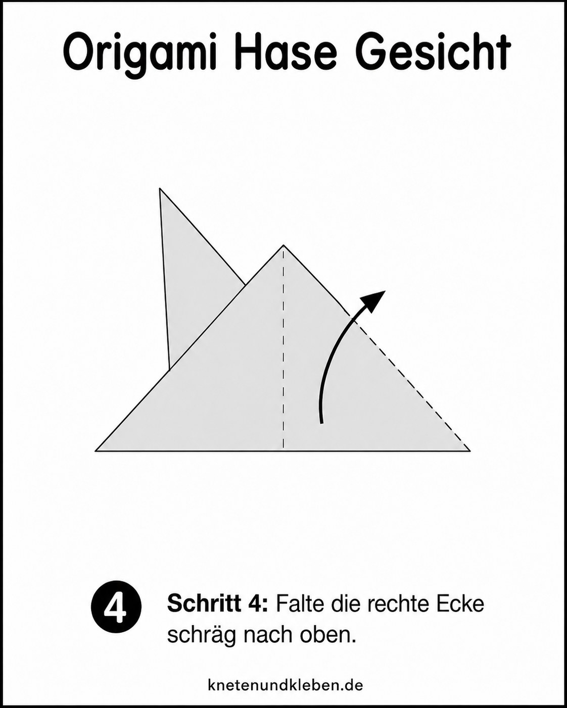 Origami Hase Gesicht falten: die rechte Ecke wird schräg nach oben gefaltet für das zweite Ohr