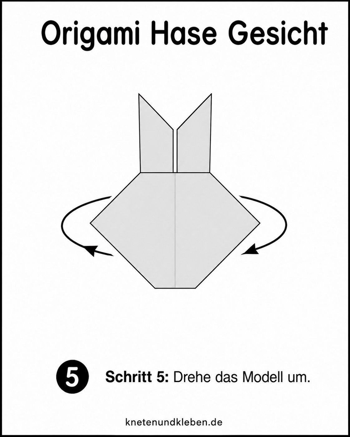 Origami Hase Gesicht falten: das gefaltete Modell wird umgedreht, die Ohren zeigen nach oben