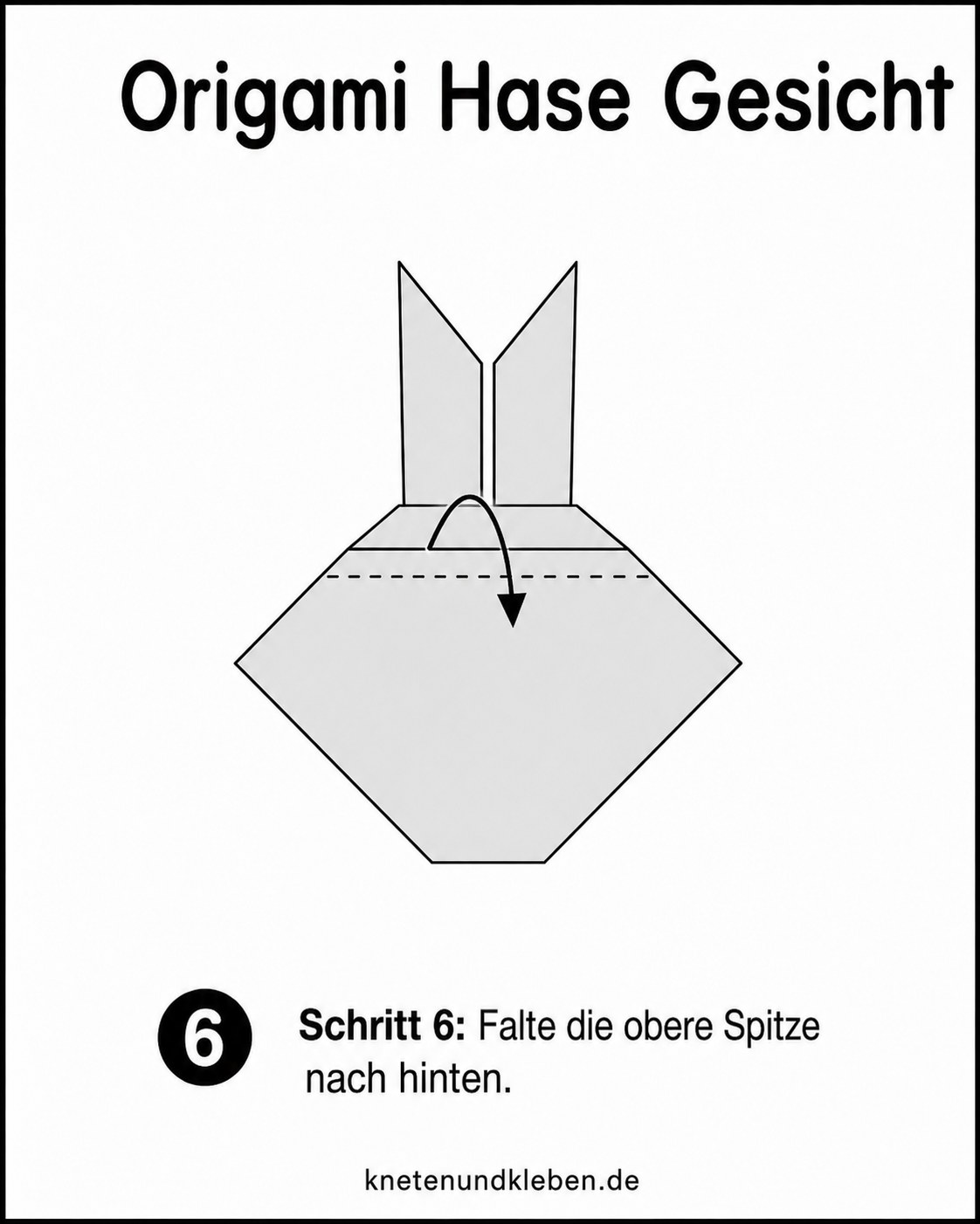 Origami Hase Gesicht falten: die obere Spitze wird nach hinten gefaltet für die gerade Kopfkante