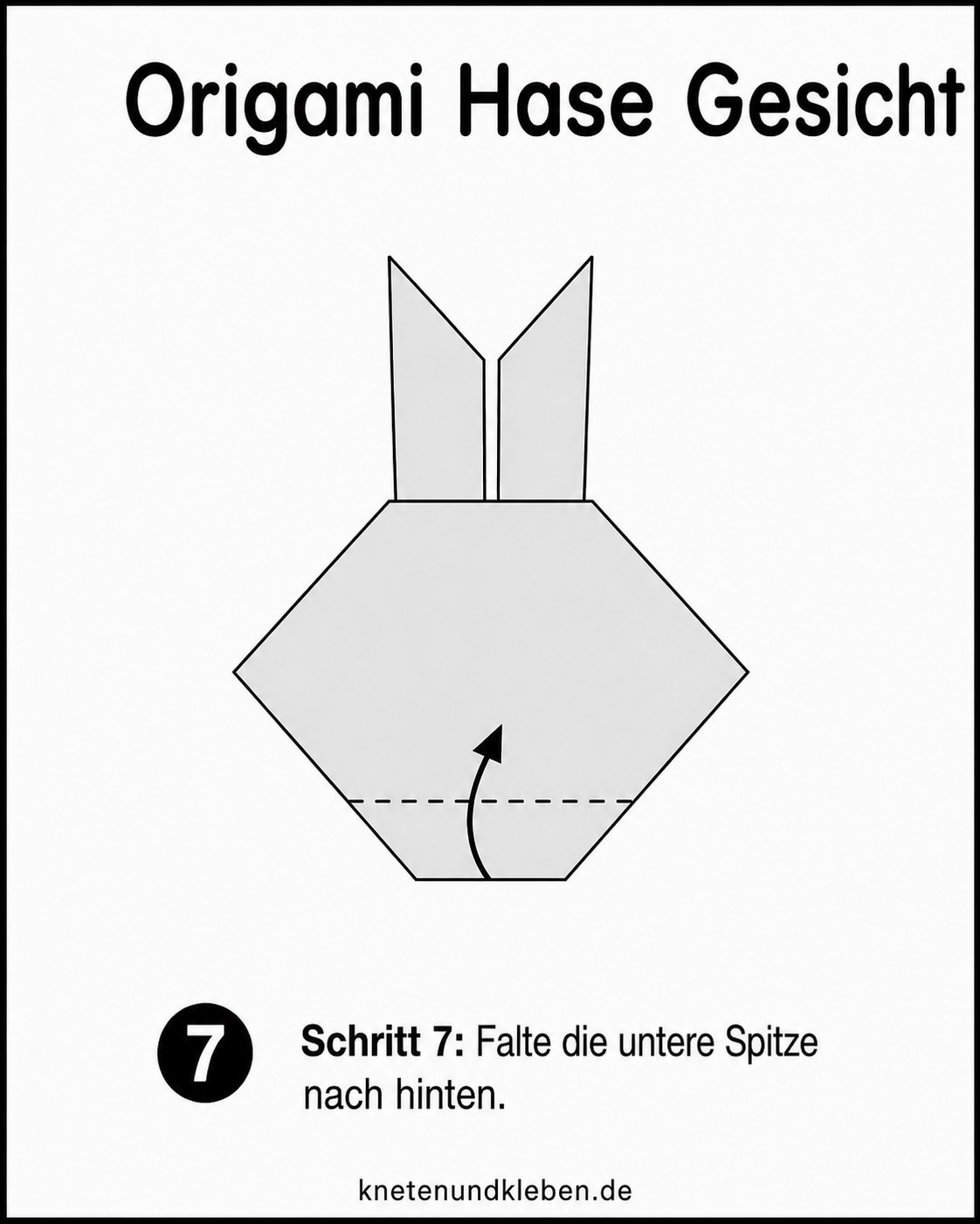 Origami Hase Gesicht falten: die untere Spitze wird ebenfalls nach hinten gefaltet