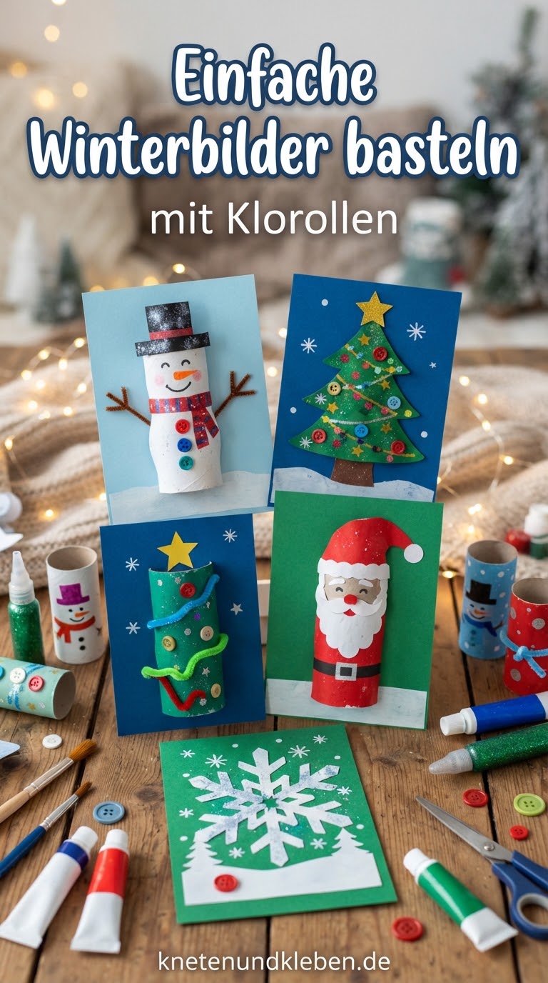 Einfache Winterbilder basteln mit Klorollen