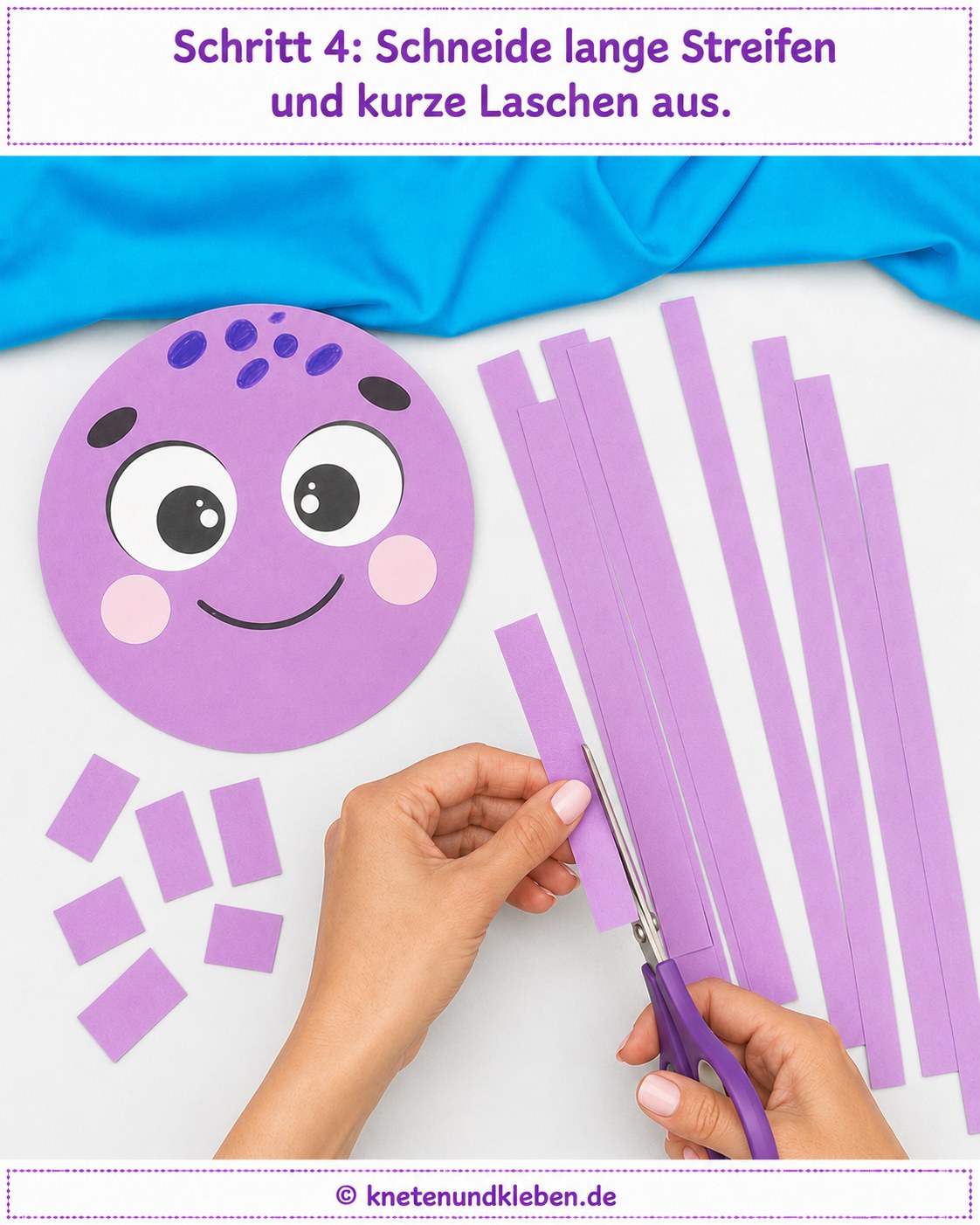 Lange lila Papierstreifen und kurze Laschen für die Kettenglieder des Papieroktopus werden geschnitten