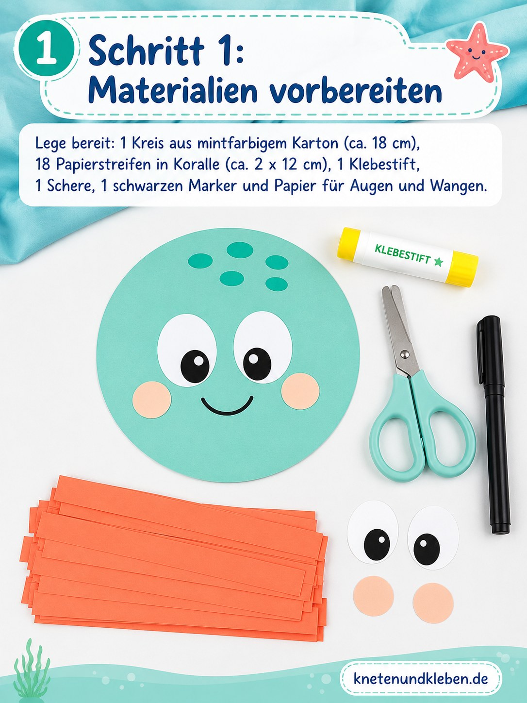 Materialien für einen Papier-Oktopus mit Papierkette: mintgrüner Kreis, Korallstreifen und Klebestift