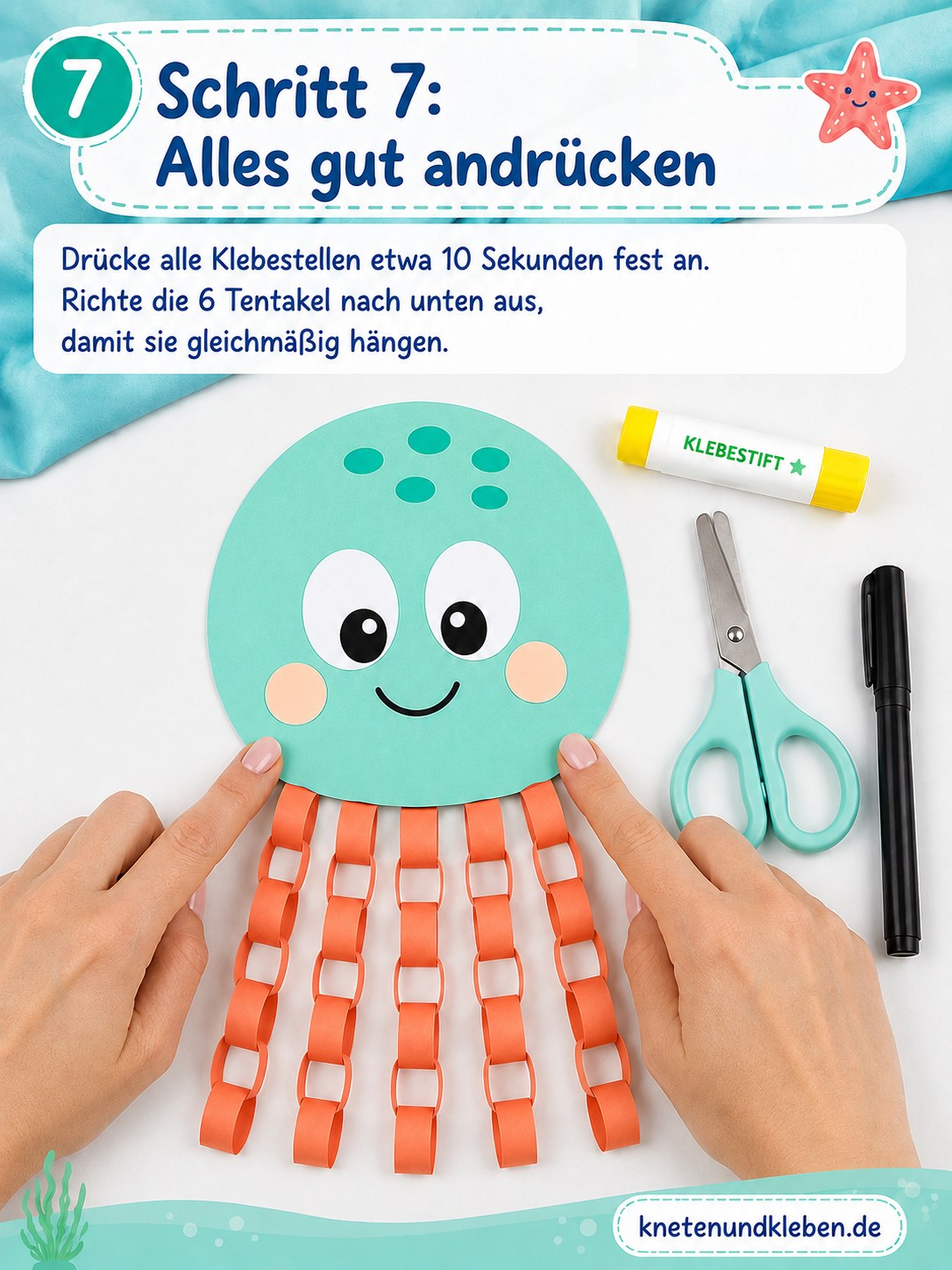 Alle Klebestellen des Papier-Oktopus werden fest angedrückt und die Tentakel ausgerichtet