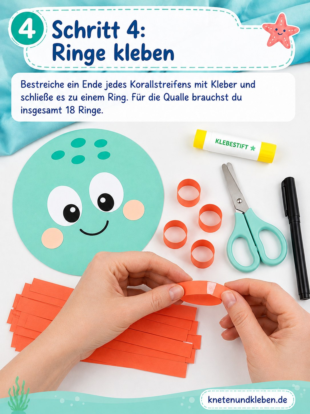 Korallstreifen werden zu Ringen geklebt als Basis für die Tentakel des Papier-Oktopus