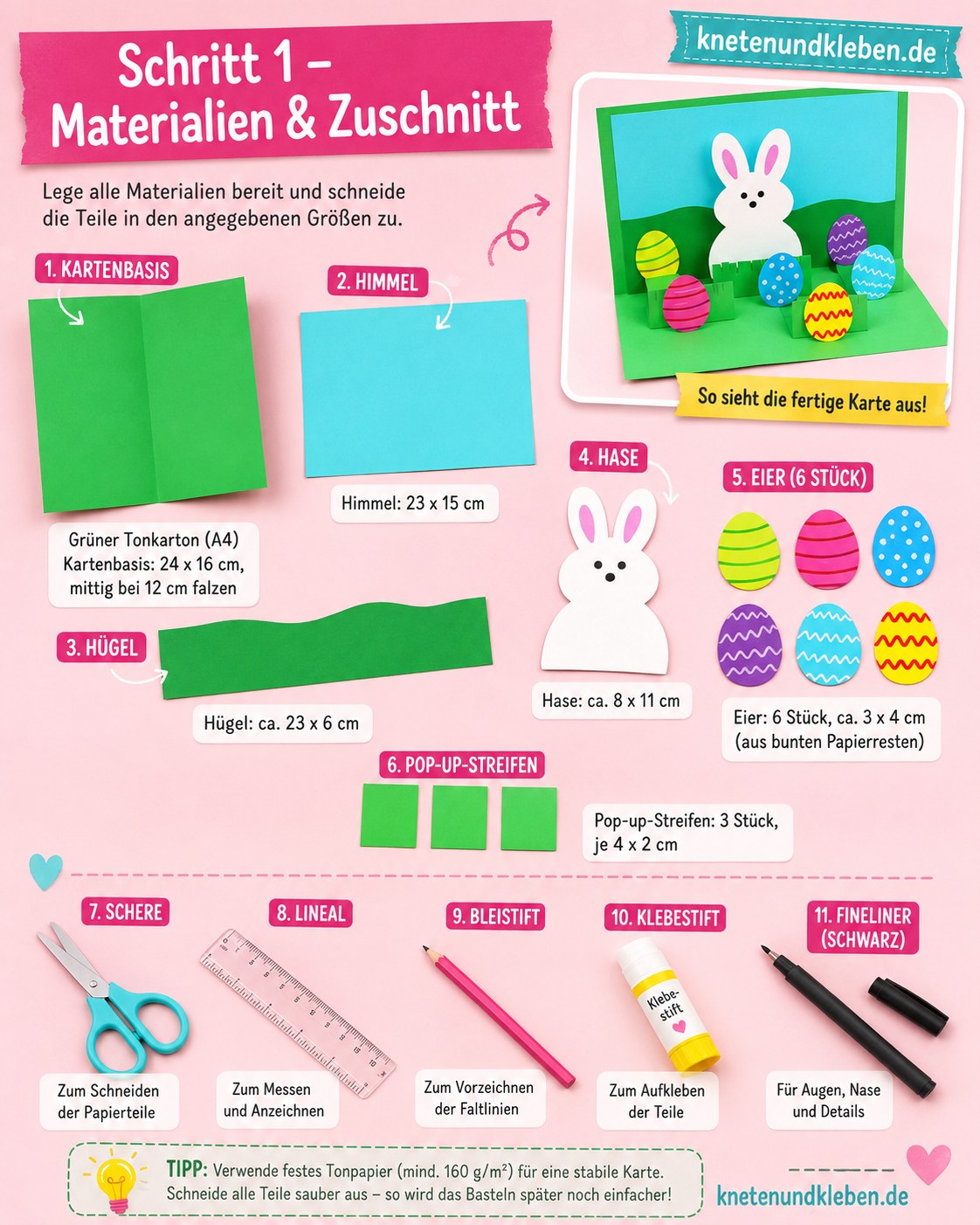 Materialübersicht für die Pop-up Osterkarte Hase mit Tonpapier, Schere und Klebestift auf pinkem Hintergrund