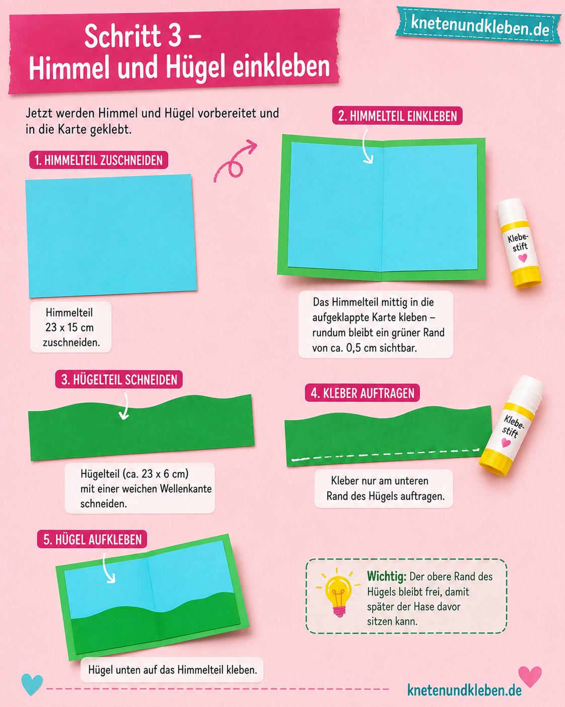 Himmel und Hügel werden für die Pop-up Osterkarte Hase in die aufgeklappte Karte geklebt