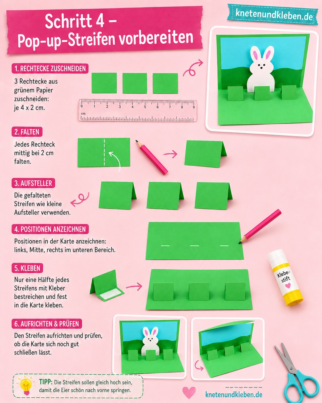 Grüne Pop-up-Streifen für die Pop-up Osterkarte Hase werden gefaltet und in der Karte positioniert