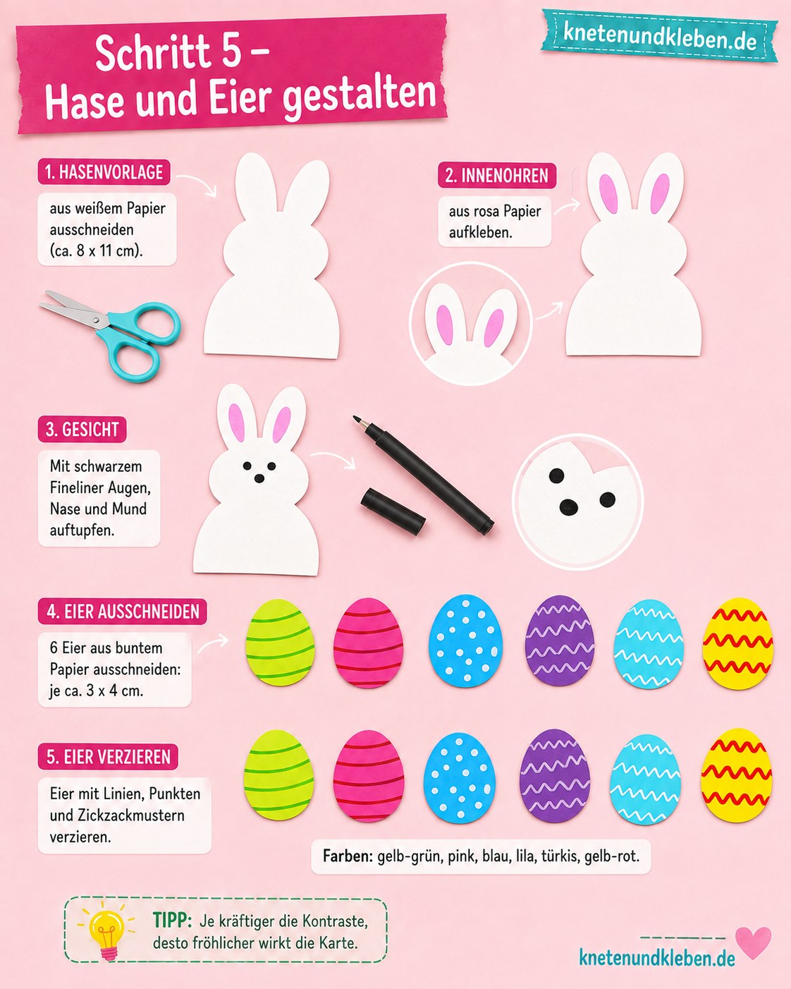 Weißer Hase mit rosa Ohren und sechs bunte Eier für die Pop-up Osterkarte Hase liegen ausgeschnitten bereit