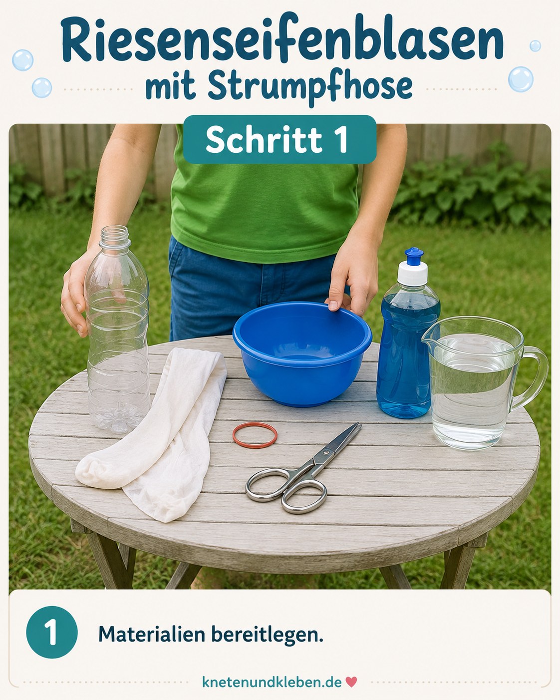 Materialien für Riesenseifenblasen mit Strumpfhose liegen bereit: Flasche, Strumpfhose, Spülmittel und Schüssel.