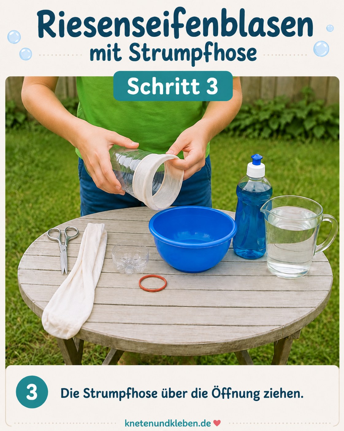 Strumpfhose wird straff über die offene Flaschenöffnung gezogen für die Riesenseifenblasen.