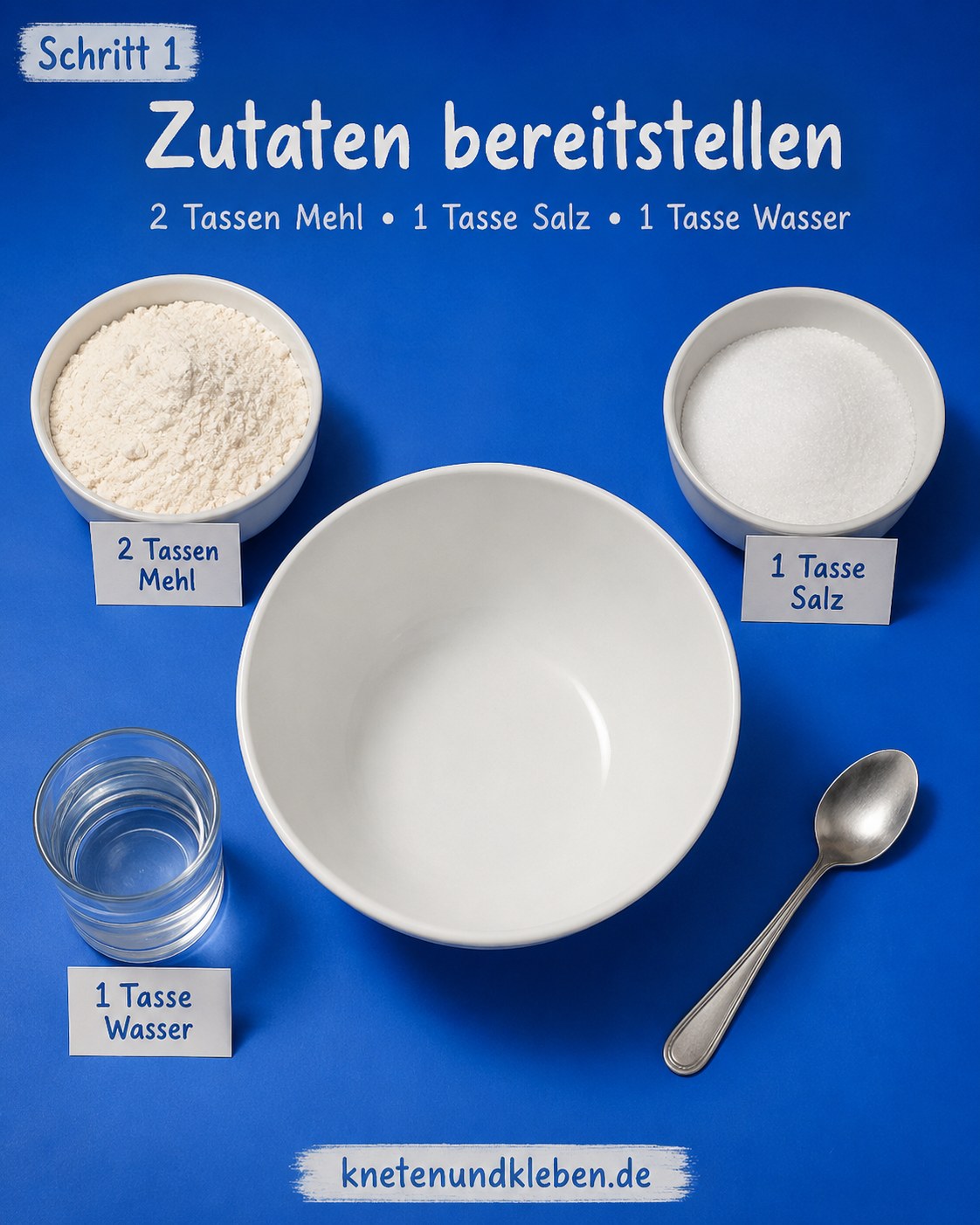 Mehl, Salz und Wasser abgemessen für ein einfaches Salzteig Rezept auf blauem Untergrund