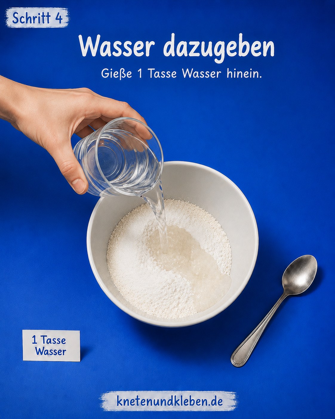 Wasser wird langsam zum Mehl-Salz-Gemisch für den selbstgemachten Salzteig gegossen
