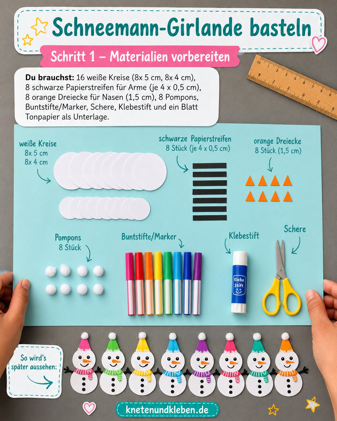 Materialübersicht zum Schneemann aus Papier basteln mit Mütze, Kreisen, Streifen und Pompons