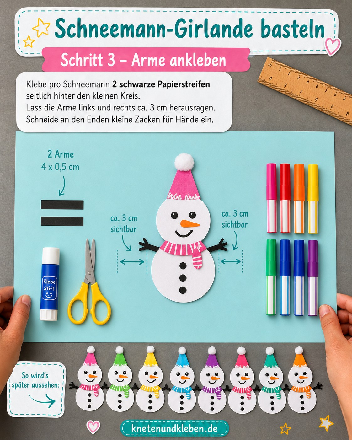Schwarze Papierstreifen werden als Arme an den Schneemann aus Papier geklebt