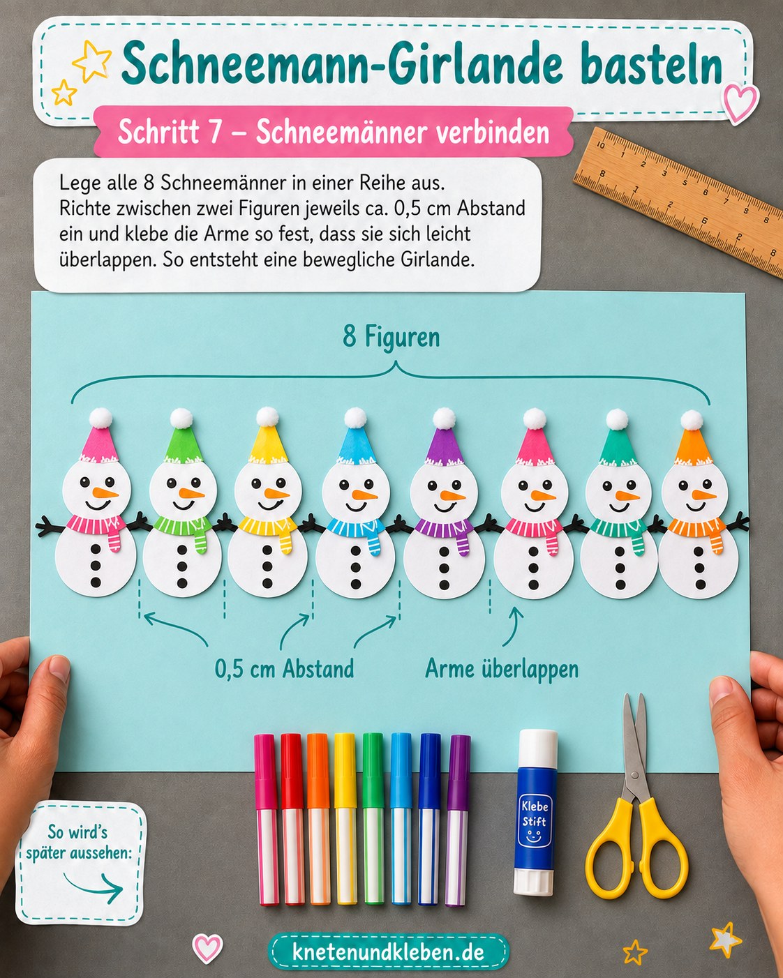 Acht Schneemänner aus Papier werden mit überlappenden Armen zur Girlande verbunden