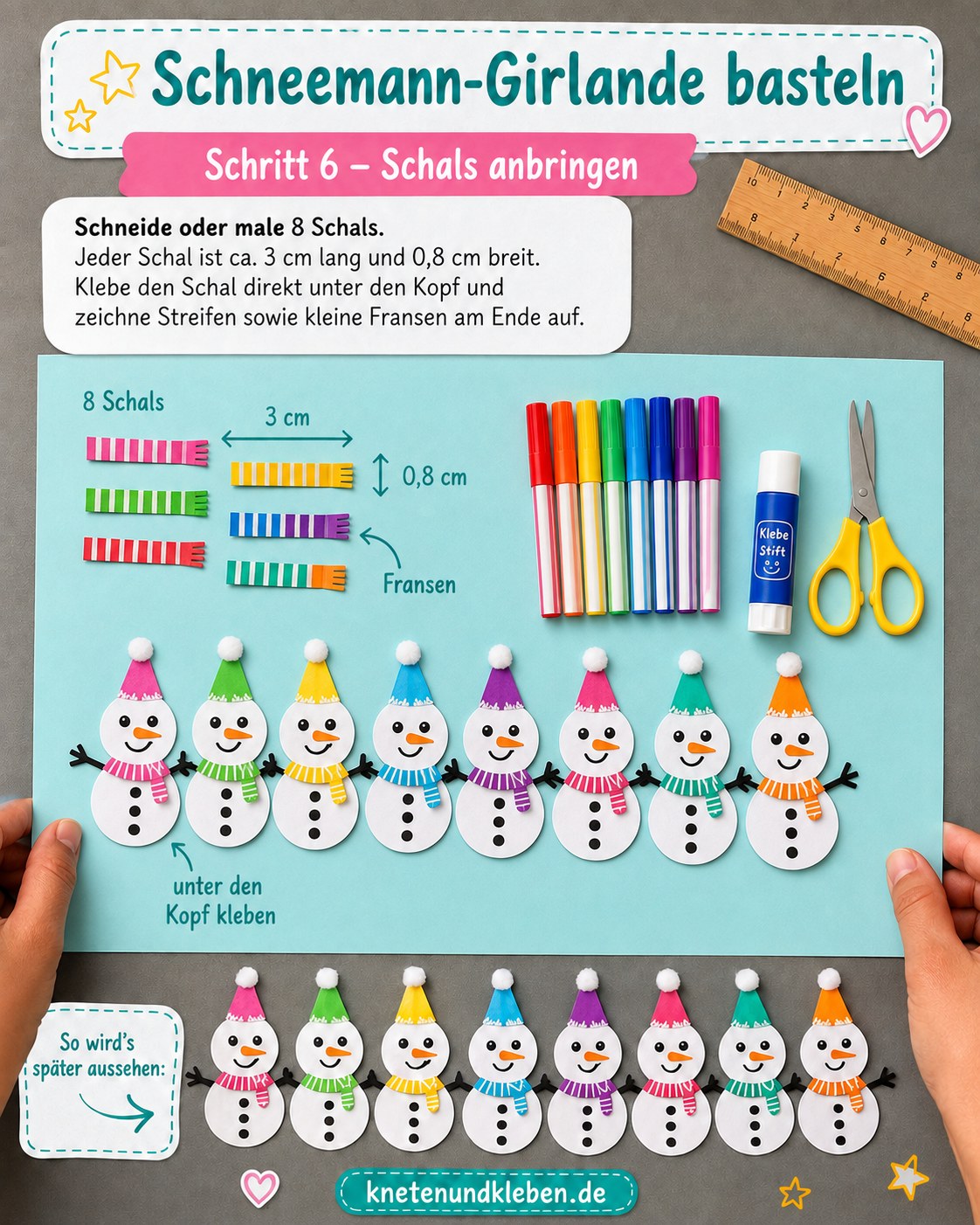 Kleiner Papierschal mit Streifen und Fransen wird unter den Kopf des Schneemanns geklebt