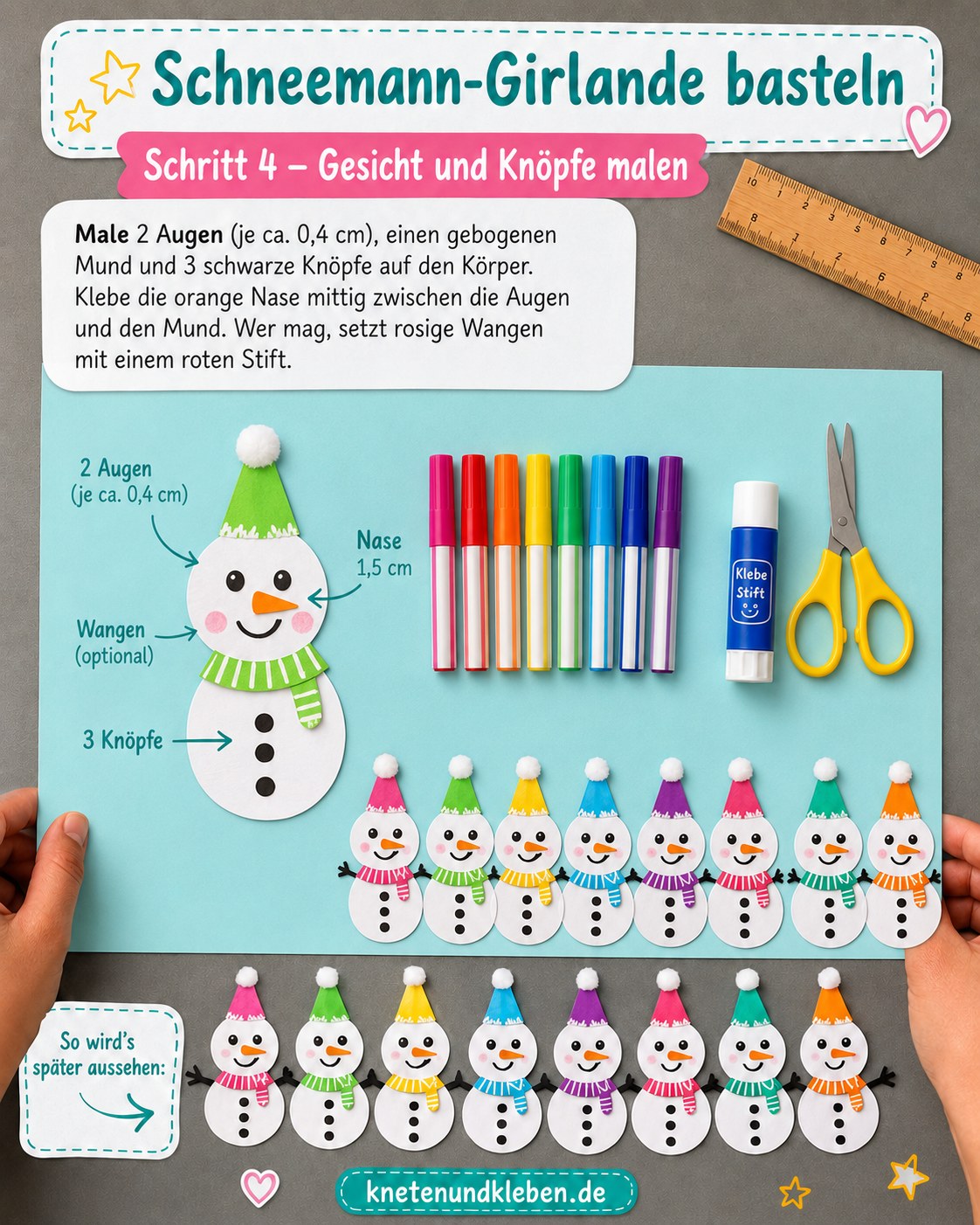 Gesicht mit Augen, Nase und Knöpfen wird auf den Papier-Schneemann gemalt