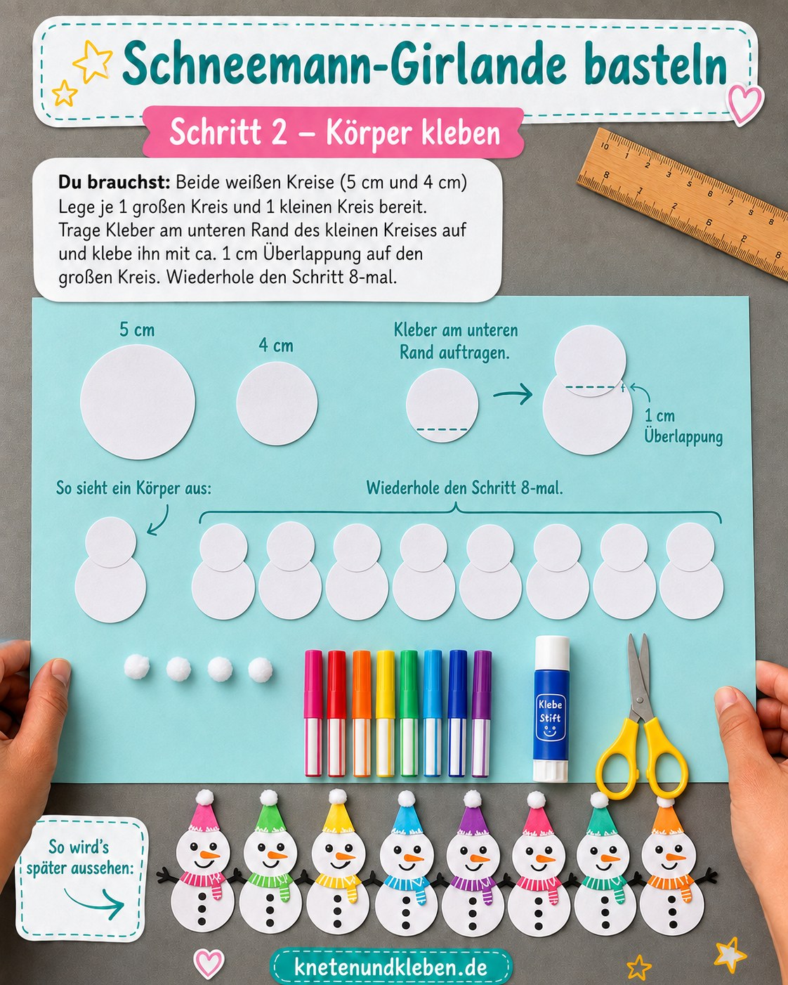 Zwei weiße Papierkreise werden für den Körper des Schneemanns übereinandergeklebt