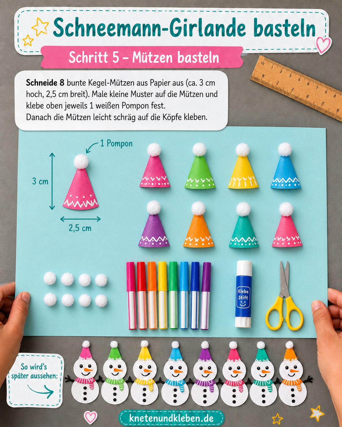 Bunte Papierkegel als Mütze für den Schneemann werden mit Pompon beklebt