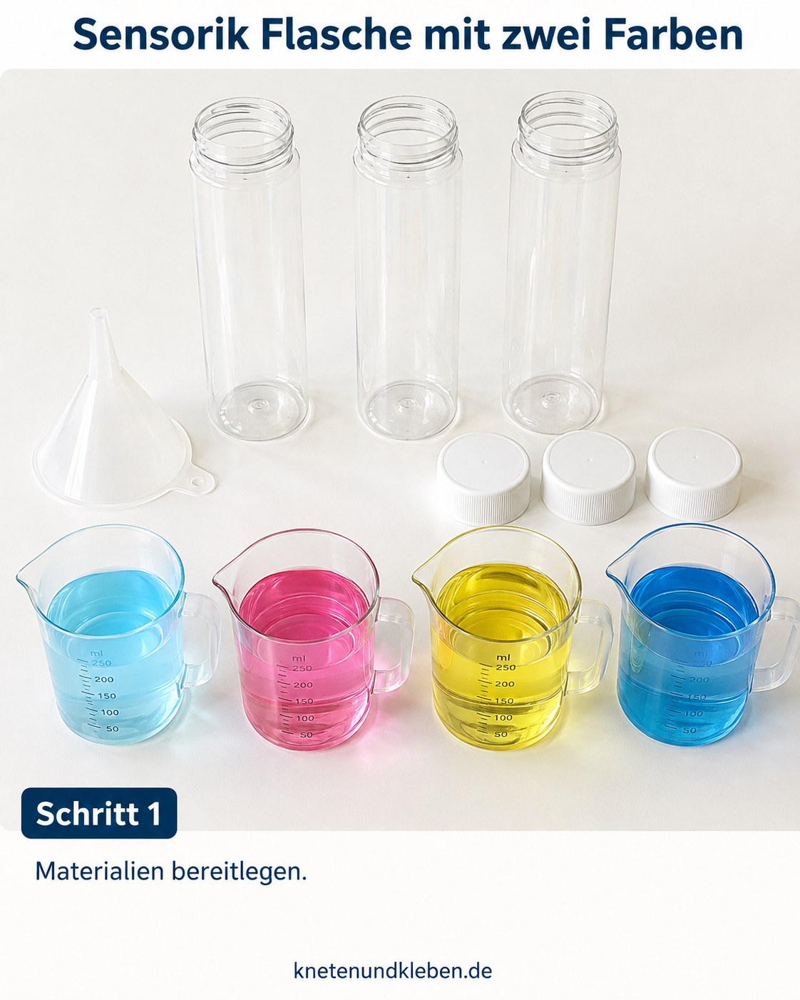 Materialien für eine Sensorik-Flasche mit zwei Farben: leere Flaschen, Trichter und farbiges Wasser bereitgestellt
