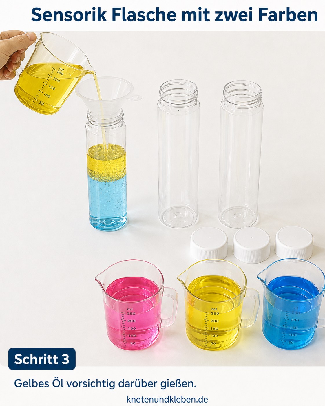 Gelbes Öl fließt langsam über das hellblaue Wasser der Sensorik-Flasche mit zwei Farben