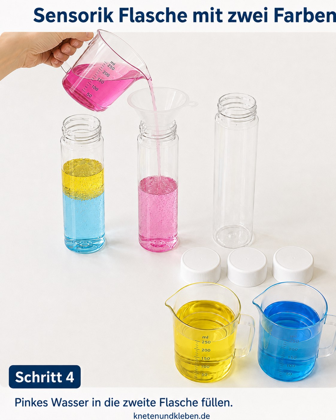Pinkes Wasser wird in die zweite Flasche der Sensorik-Flasche mit zwei Farben gegossen