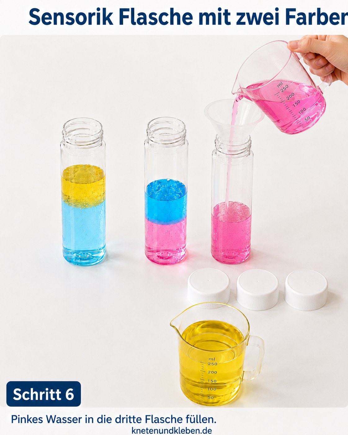Pinkes Wasser füllt die dritte Flasche für die Sensorik-Flasche mit zwei Farben