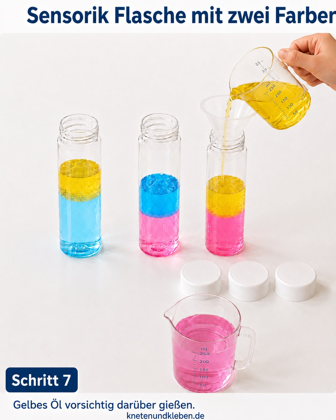 Ein Kind gießt gelbes Öl in die dritte Flasche der Sensorik-Flasche mit zwei Farben