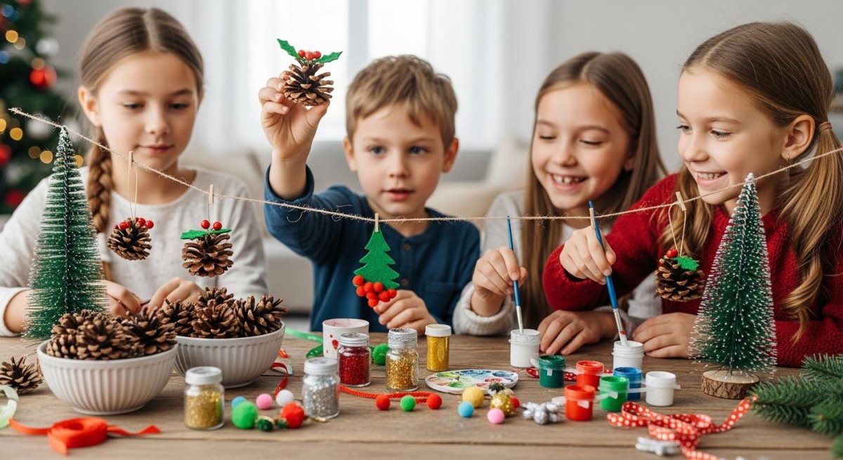 Kinder basteln Weihnachtsdeko Naturmaterialien