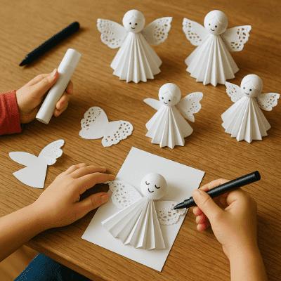 Kinder basteln Weihnachtsengel aus Papier